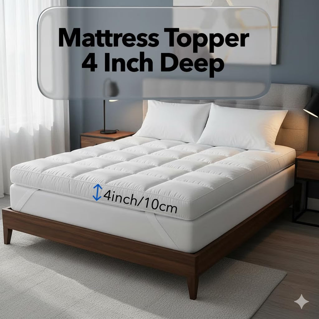 Extra Deep Mattress Topper - 10cm Thick Luxury Hotel Quality Bed Topper, 1100GSM Ultra-Plush Microfiber, Breathable Box Stitched Overfilled Comfort Layer